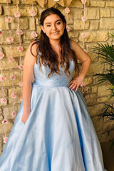 Simple Light Blue Plus Size Prom Dresses 2024 Satin Long Deep V Neck Formal Dress MyChicDress