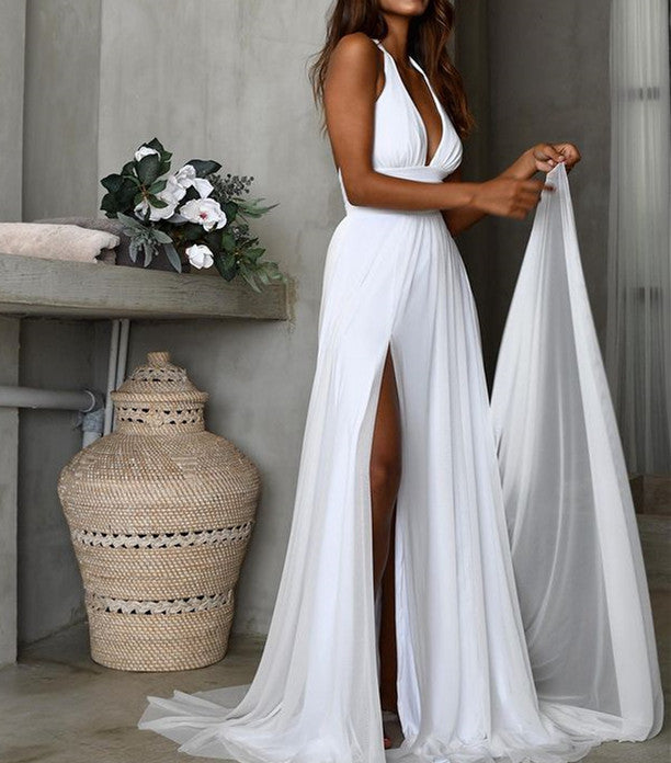 Simple Long Chiffon White Beach Minimalist Wedding Dresses Summer Maxi Dresses - MyChicDress