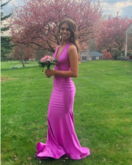 Simple Long Prom Dresses 2024 V Neck Mermaid Sleeveless Formal Dress MyChicDress