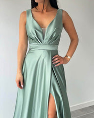 Simple Long Satin Sage Green Wedding Guest dresses Sleeeless with Spllit MyChicDress