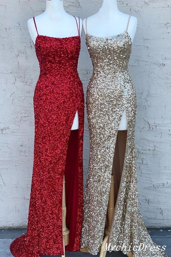 Simple Mermaid Sequin Long Evening Dresses Spaghetti Straps with Split MyChicDress