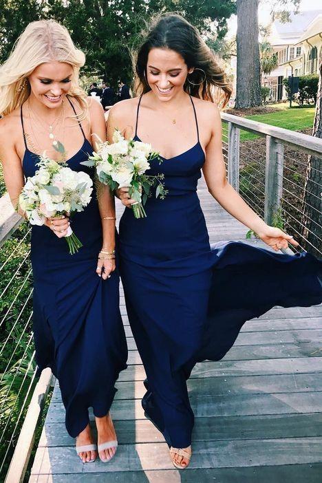 Simple Navy Blue Bridesmaid Dresses Chiffon Spaghetti Straps US4 Custom Color