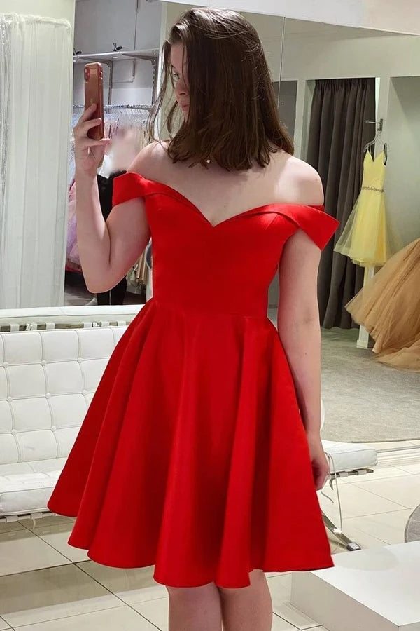 Simple Off the Shoulder Red Homecoming Dress Short Satin Hoco Dress MyChicDress