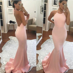 Simple Pink Prom Dresses Sleeveless Mermaid Halter Backless Gowns - MyChicDress