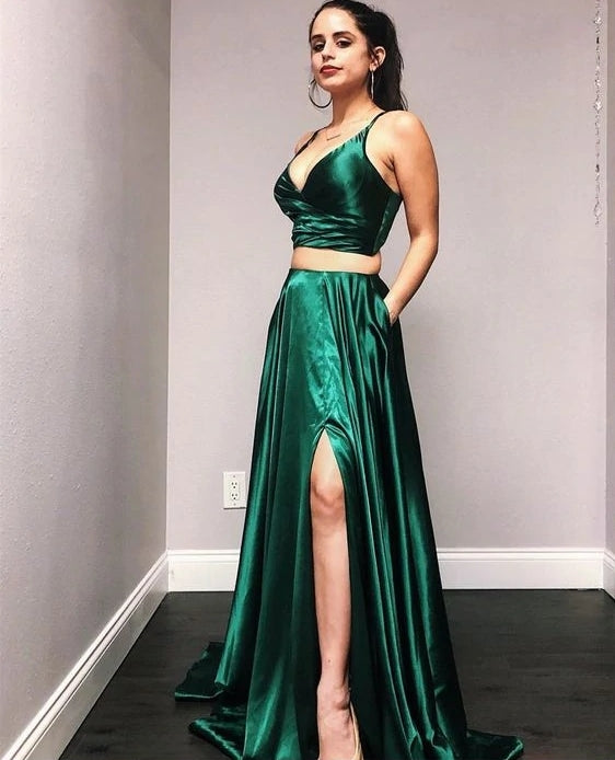 Simple Princess Emerald Green Prom Dresses UK Two Pieces V-Neck Party Dress MyChicDress