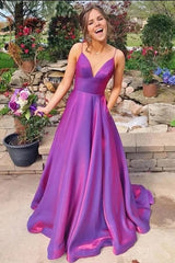 Simple Purple Prom Dresses Satin V Neck Spaghetti Straps Formal Dress MyChicDress