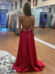 Simple Red Satin Prom Dresses V Neck Backless Long Formal Dress with High Slit MyChicDress