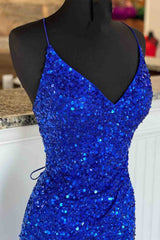 Simple Royal Blue Glitters Prom Dresses Long High Slit Party Formal Dress Lace-Up MyChicDress