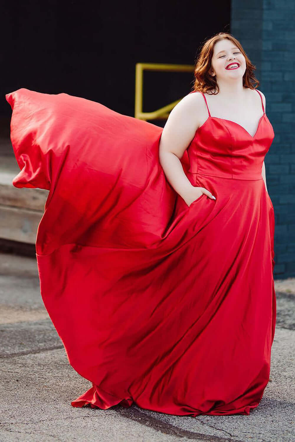 Simple Satin Plus Size Red Prom Dresses UK Long Spaghetti Straps with Pockets MyChicDress