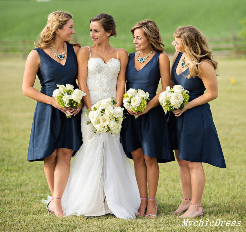 Simple Satin V Neck Navy Blue Short Bridesmaid Dresses with Pockets MyChicDress