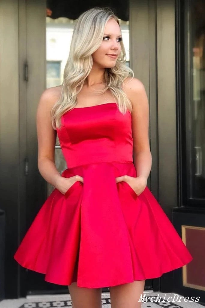 Simple Short Red Satin Homecoming Dresses Strapless with Pockets MyChicDress