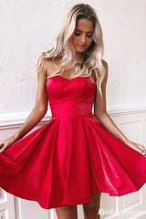 Simple Short Red Satin Homecoming Dresses Strapless with Pockets MyChicDress