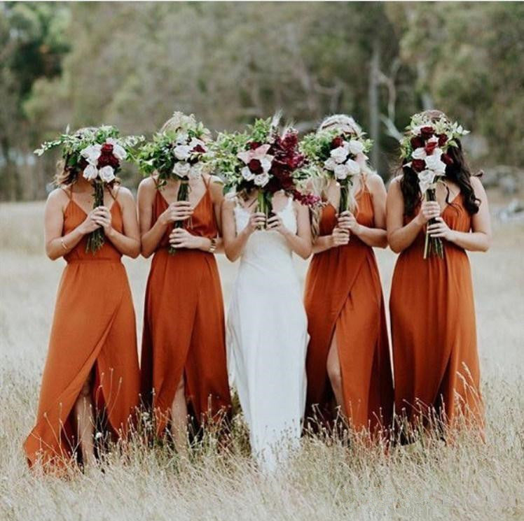 Simple Sleeveless V Neck Burnt Orange Bridesmaid Dresses MyChicDress