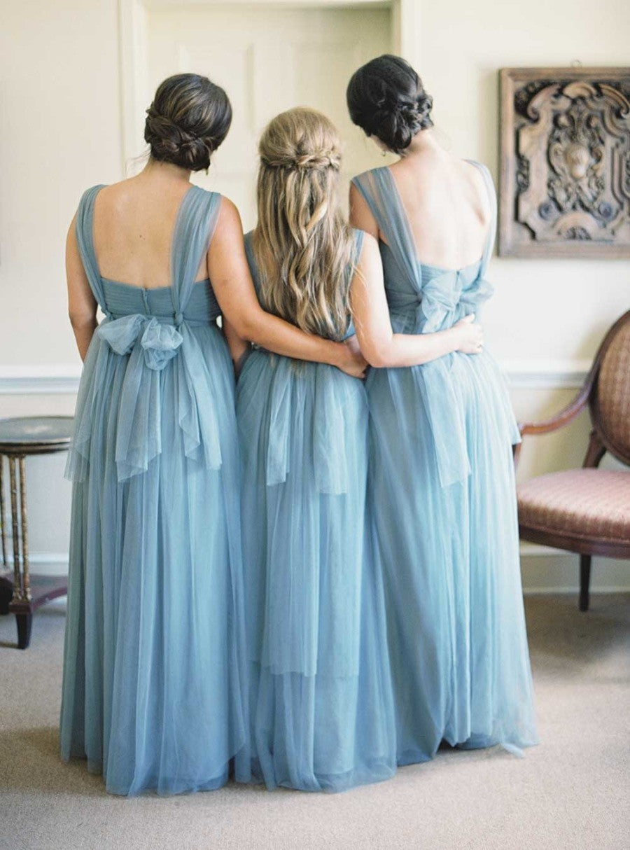 Simple Tulle Long Bridesmaid Dresses Dusty Blue under 100 MyChicDress