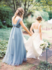 Simple Tulle Long Bridesmaid Dresses Dusty Blue under 100 MyChicDress