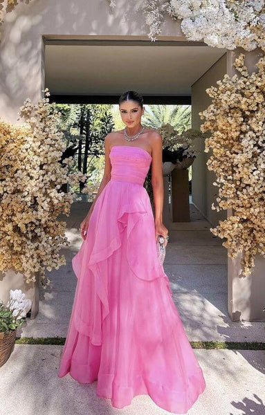 2024 Hot Pink Corset Long Prom Dresses Ruffle Sweetheart Lace Chiffon –  MyChicDress