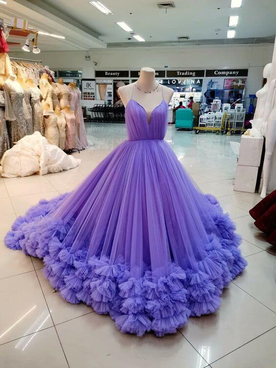 Spaghetti Straps Purple Wedding Dresses Tulle Bodice With Handmade Flowers MyChicDress