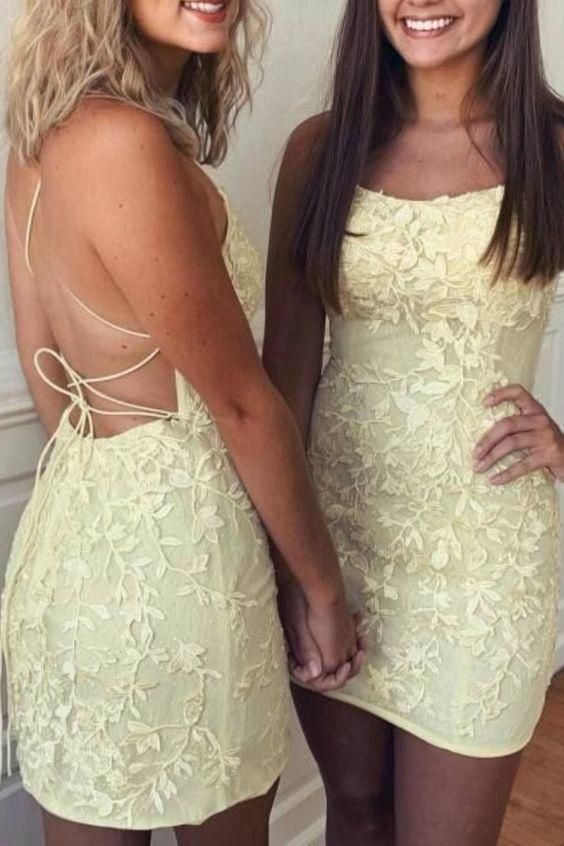 MyChicDress Spaghetti Straps Yellow Lace Homecoming Dresses Short Hoco Dress US16W Lilac