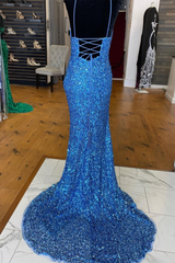 Sparkle Blue Sequin 2024 Prom Dresses Iridescent Mermaid Long Formal Dresses Side Slit MyChicDress