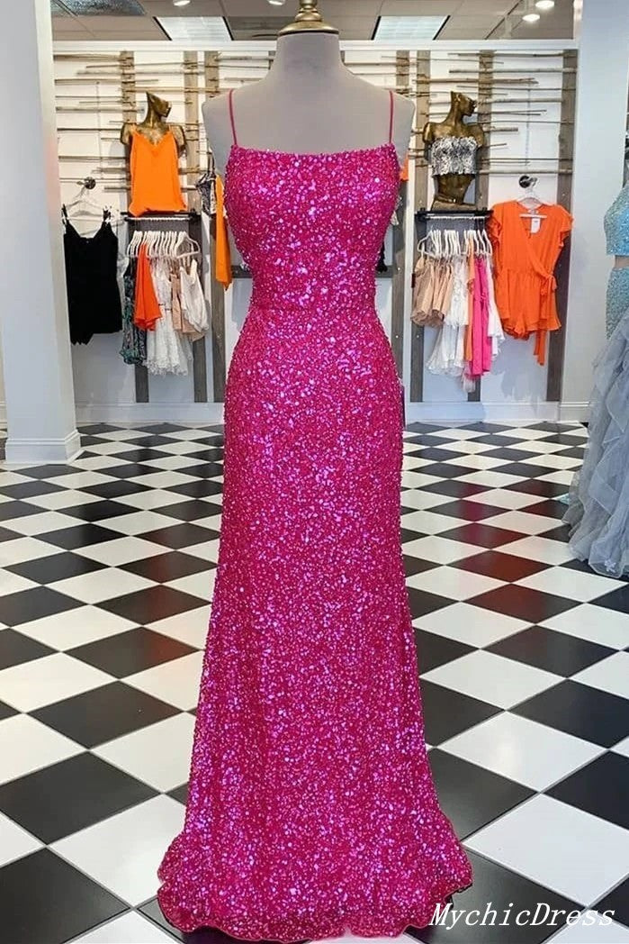 Sparkling Hot Pink Sequin Prom Dresses Spaghetti Straps with Slit MyChicDress