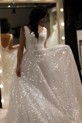 Sparkly A Line V-neck Sequins Wedding Gown Backless Prom Dress On Sale MyChicDress