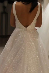 Sparkly A Line V-neck Sequins Wedding Gown Backless Prom Dress On Sale MyChicDress