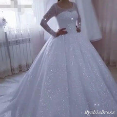 Sparkly Ball Gown Sequin Wedding Dresses Long Sleeves Bridal Wears MyChicDress