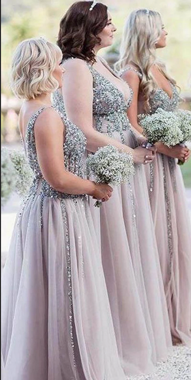 Sparkly Beaded V-Neck Long Sequined Tulle Bridesmaid Dresses - MyChicDress