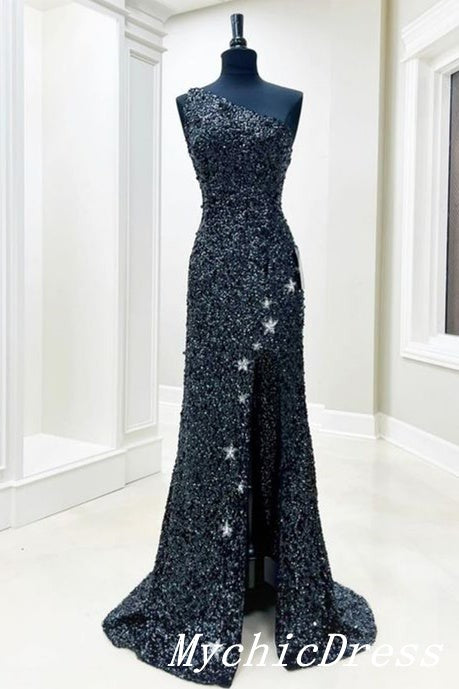 Sparkly Black Sequin Prom Dresses One Shoulder Mermaid Evening Gown Split MyChicDress