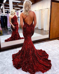 Sparkly Mermaid One Shoulder Sequin Burgundy Prom Dresses 2025 MyChicDress