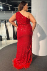 Sparkly One Shoulder Burgundy Plus Size Prom Dresses 2024 Sequins Long with Feathers MyChicDress