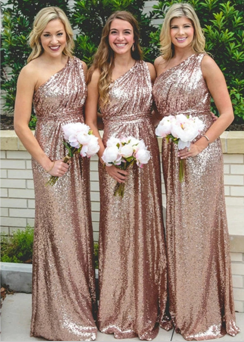 Sparkly One shoulder Long Sequins Bridesmaid Dresses Rose Gold Wedding Guest Dress MyChicDress