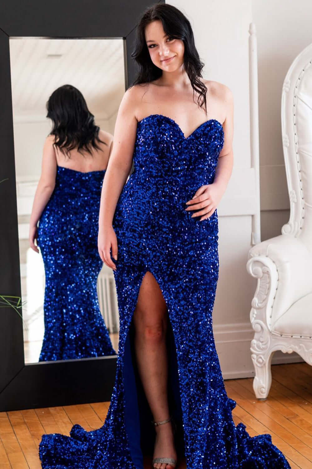 Sparkly Plus Size Sequins Royal Blue Prom Dresses Mermaid Long Dress with Slit MyChicDress