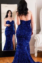 Sparkly Plus Size Sequins Royal Blue Prom Dresses Mermaid Long Dress with Slit MyChicDress