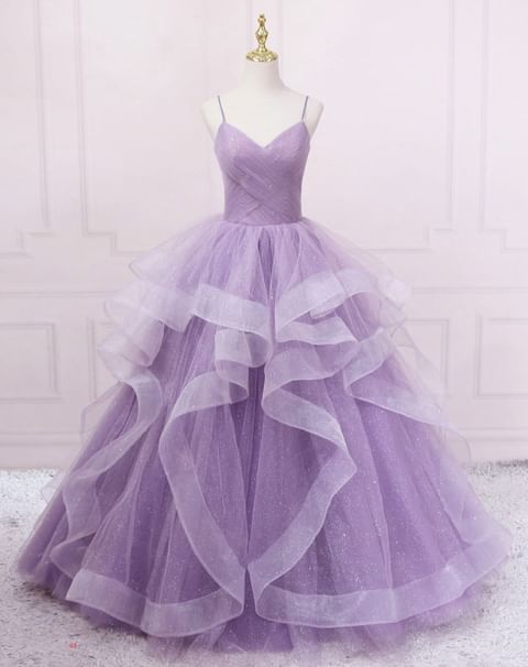 Sparkly Purple Evening Dresses Spaghetti Straps A Line Tulle Prom Dresses MyChicDress