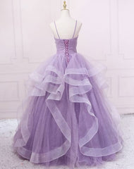 Sparkly Purple Evening Dresses Spaghetti Straps A Line Tulle Prom Dresses MyChicDress