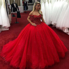 Sparkly Red Ball Gown Wedding Dresses Sweetheart Off Shoulder Sequins Quince Dress MyChicDress