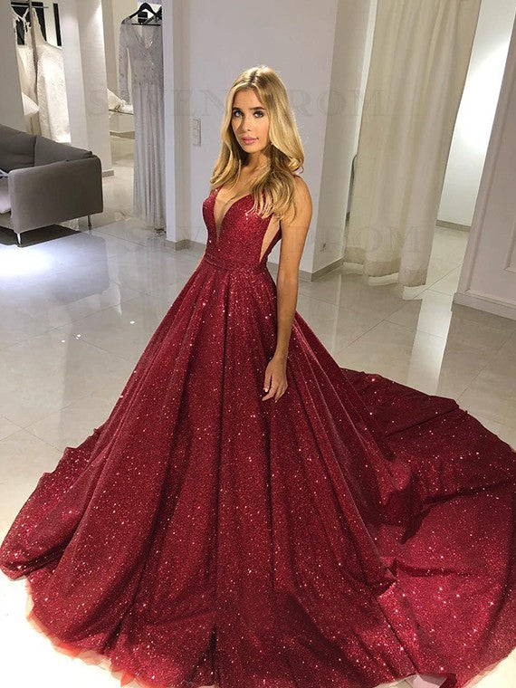 Sparkly V-Neck Glitter Burgundy Prom Dress Long Evening Dress MyChicDress