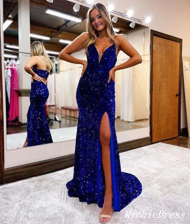 MyChicDress Sparkly V Neck Tight Prom Dresses Backless Long Formal Wear for Wedding Guest US2 Royal Blue