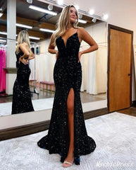 Sparkly V-Neck Tight Prom Dresses Backless Long Formal Wear for Wedding Guest MyChicDress