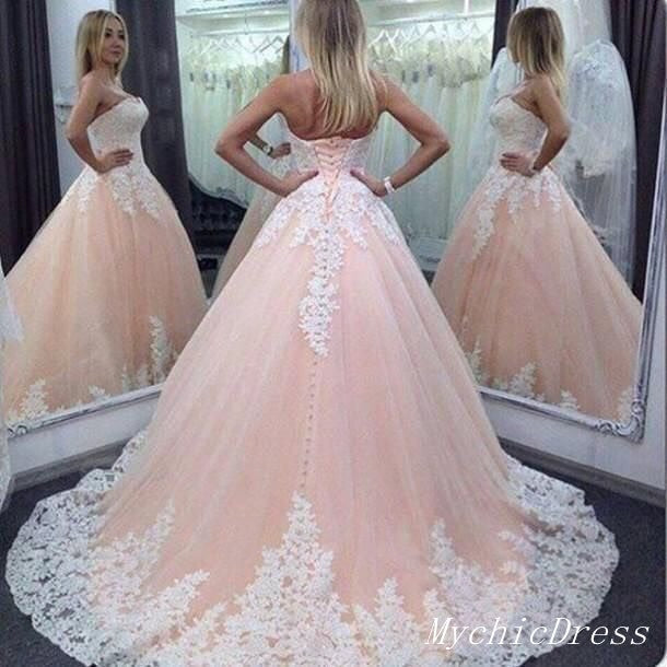 Strapless Lace Pink Wedding Dresses Ball Gown Appliques Quinceanera Dresses MyChicDress