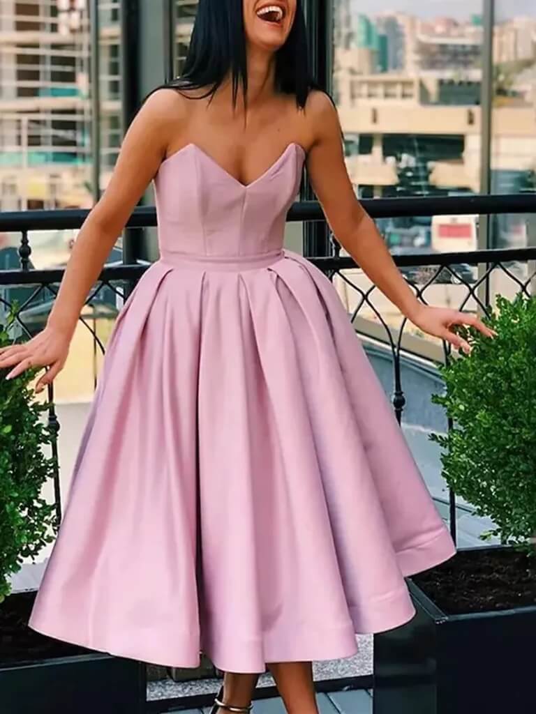 Strapless Tea Length Pink Wedding Guest Dress Satin A Line Prom Dresses with Pockets MyChicDress