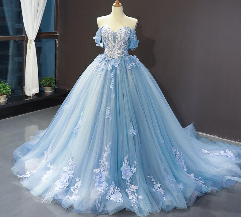 Sweet 16 Blue Quinceanera Dresses Ball Gown Prom Dresses Off the Shoulder MyChicDress