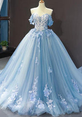 Sweet 16 Blue Quinceanera Dresses Ball Gown Prom Dresses Off the Shoulder MyChicDress