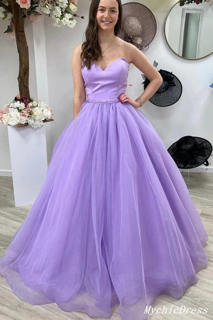 Sweetheart A Line Lilac Prom Dresses Tulle Sleeveless Evening Gown MyChicDress