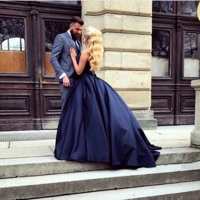 Sweetheart Ball Gown Navy Blue Wedding Dresses Satin Sweet 16 Dress MyChicDress