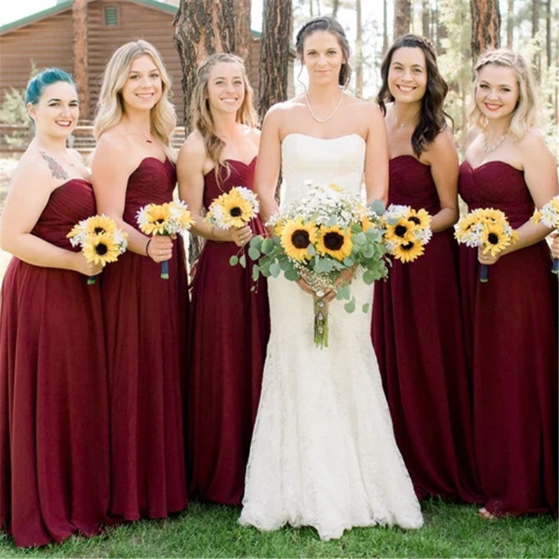 Sweetheart Burgundy Bridesmaid Dresses Chiffon Long Wedding Guest Dress MyChicDress