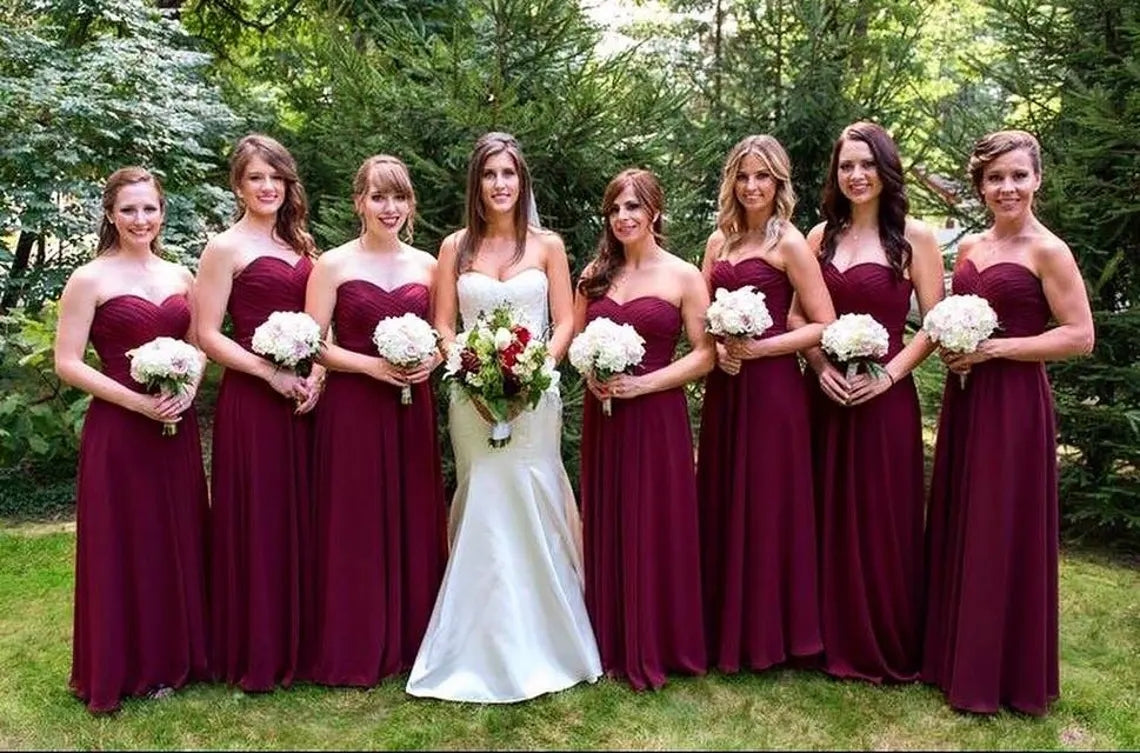 Sweetheart Burgundy Bridesmaid Dresses Chiffon Long Wedding Guest Dress MyChicDress