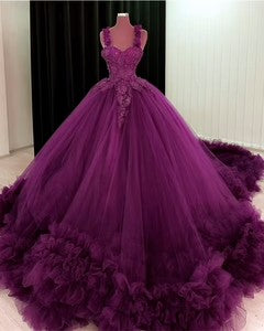 Sweetheart Dark Purple Lace Tulle Ball Gown Wedding Dresses Sleeveless MyChicDress