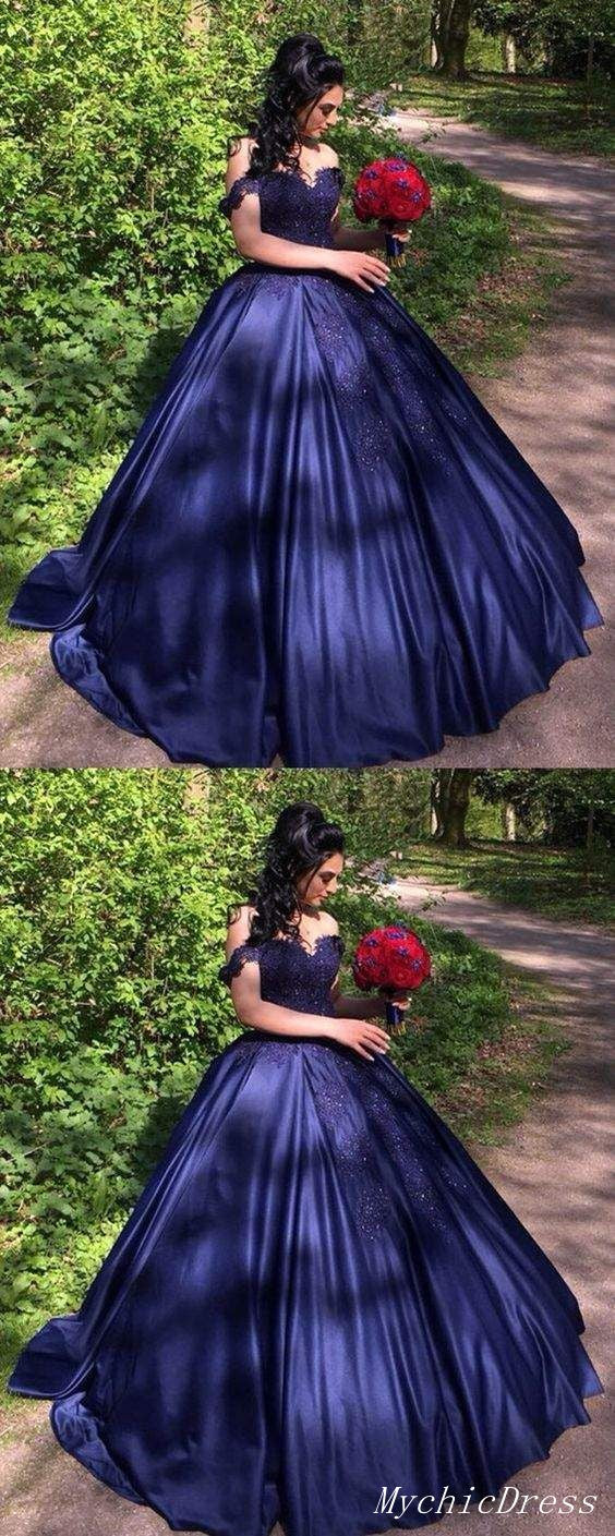 Sweetheart Navy Blue Lace Prom Dresses Ball Gown off Shoulder Quinceanera Dress MyChicDress